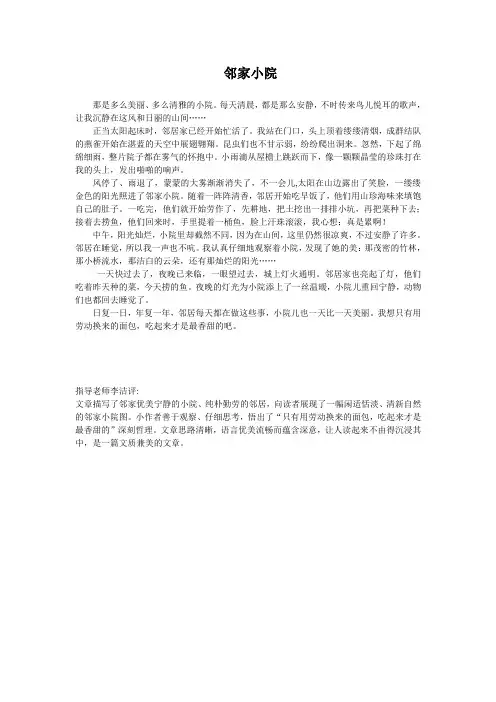 第34届武汉国际楚才作文竞赛 获奖作文《邻家小院》