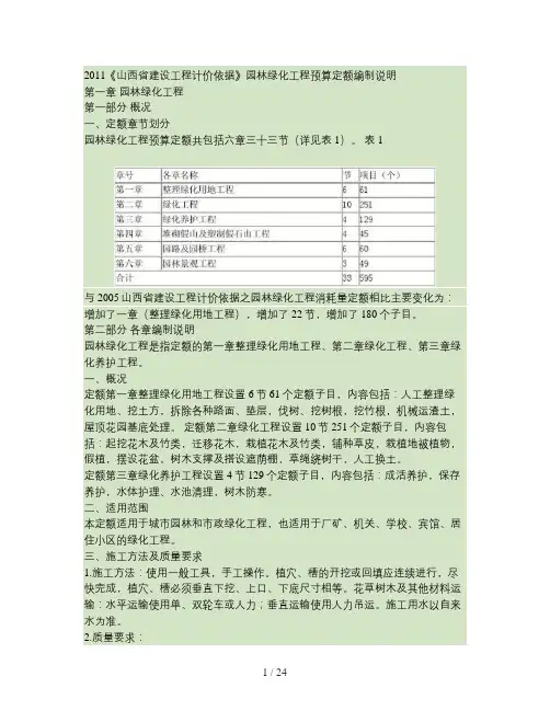 2011《山西省建设工程计价依据》园林绿化工程预算定额编制说明.