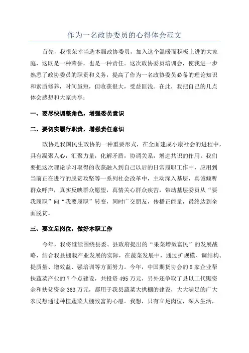 作为一名政协委员的心得体会范文