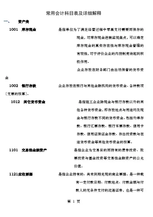 常用会计科目表及详细解释