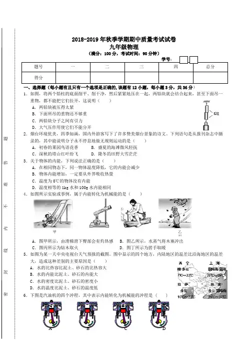2018-2019年秋季学期九年级物理期中质量考试试卷
