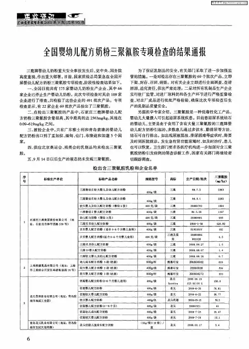 全国婴幼儿配方奶粉三聚氰胺专项检查的结果通报