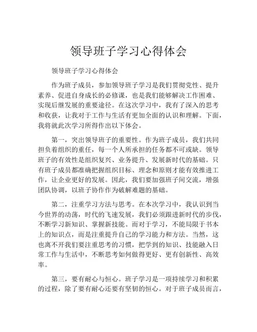 领导班子学习心得体会