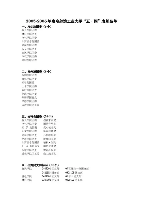 2005-2006年度哈尔滨工业大学“五·四”表彰名单一、校红旗团委（9个