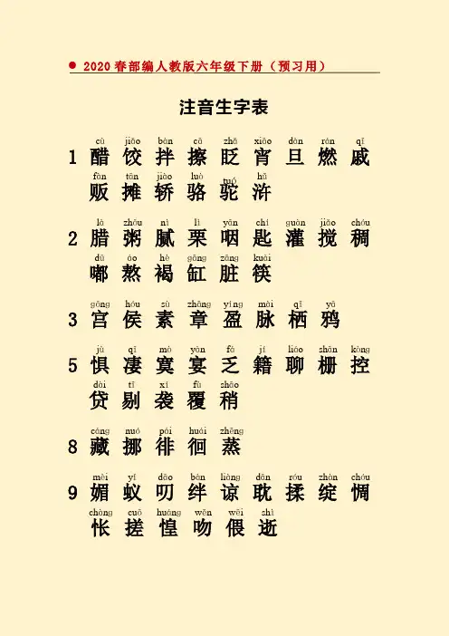最新部编人教版六语下册注音生字表(预习版)