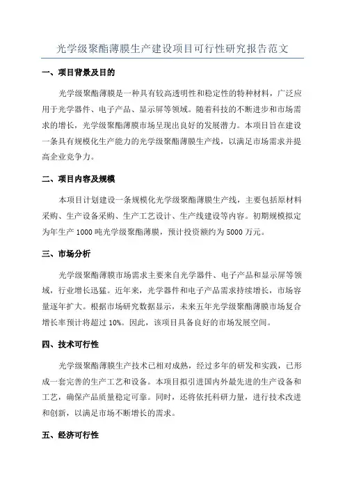 光学级聚酯薄膜生产建设项目可行性研究报告范文