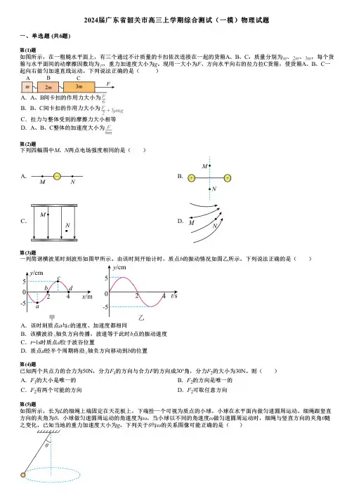 2024届广东省韶关市高三上学期综合测试(一模)物理试题