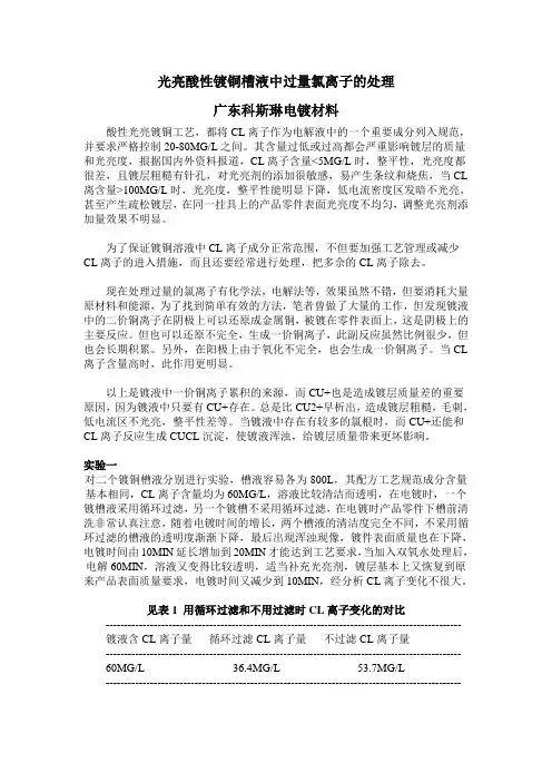 光亮酸性镀铜槽液中过量氯离子的处理