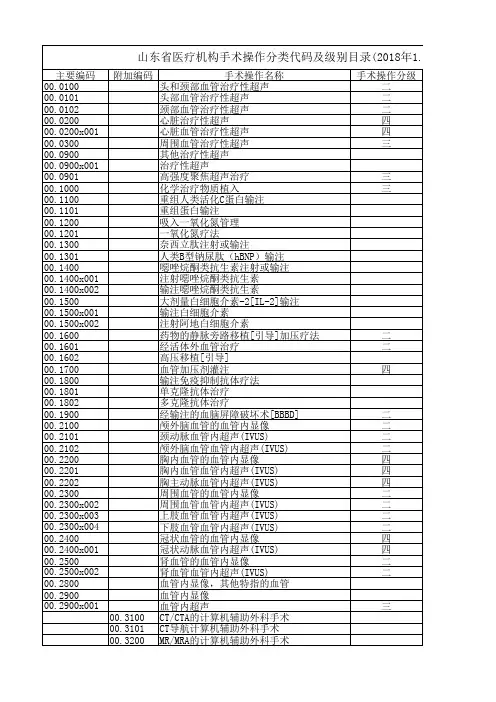 《山东省医疗机构手术操作分类代码及级别目录(2018年1.1版试行)》