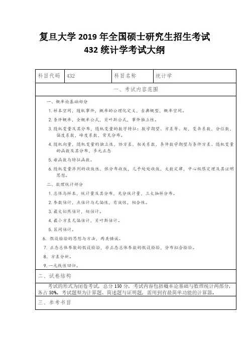 复旦大学2019年全国硕士研究生招生考试432统计学考试大纲