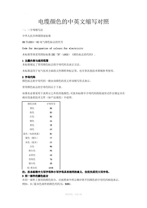 电缆颜色的中英文缩写对照