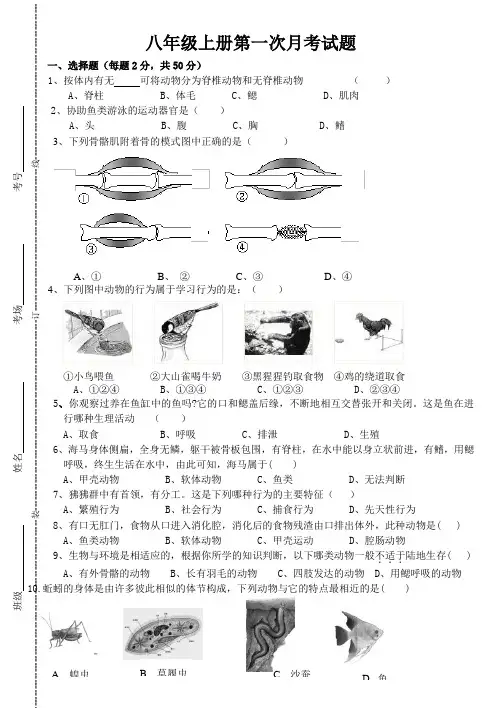 人教版八年级上册生物第一次月考试题及答案