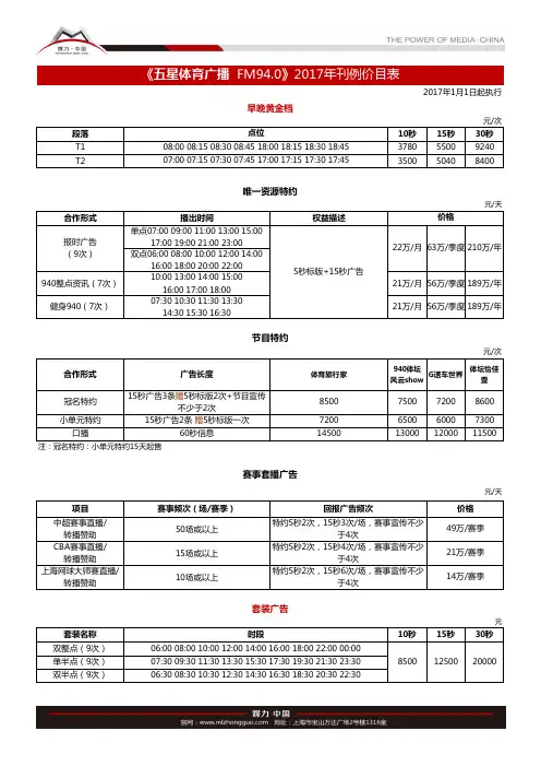 2017年FM94.0 五星体育频率广播广告刊例表(1月起执行)