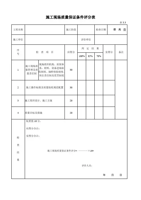 施 工 现 场 质 量 保 证 条 件 评 分 表