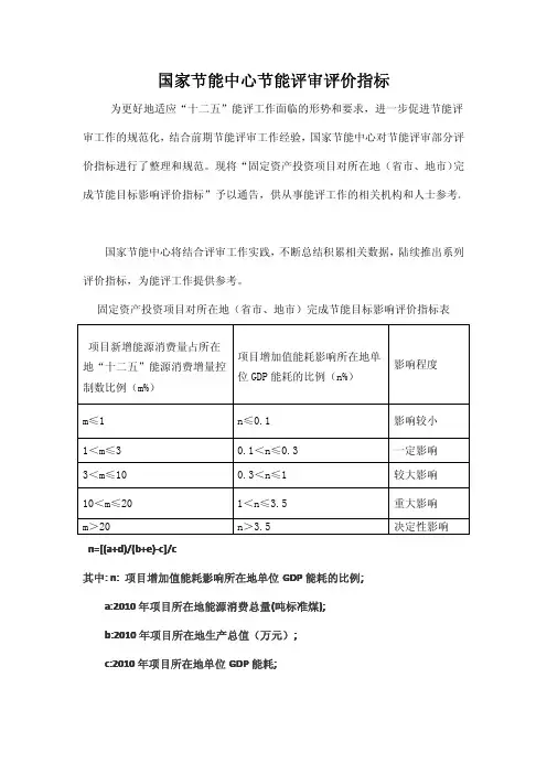 国家节能中心节能评审评价指标(第1号)