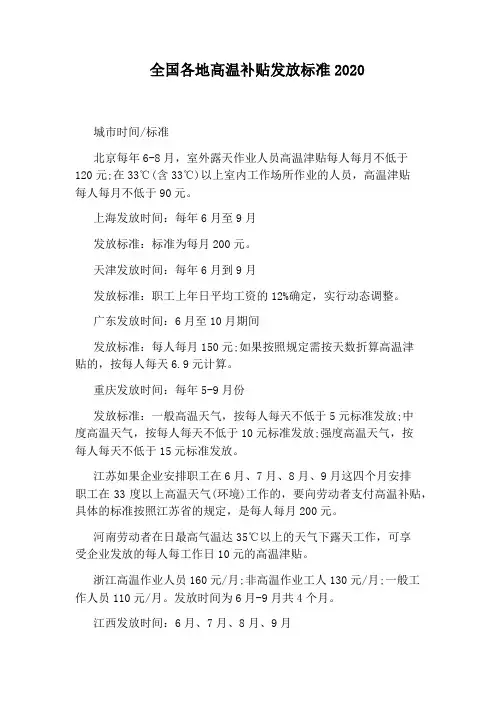 全国各地高温补贴发放标准2020