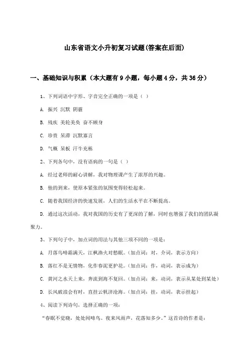 山东省小升初语文试题及解答参考