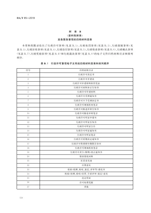 政务服务事项的归 档材料目 录