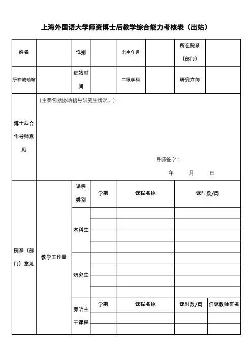 上海外国语大学师资博士后教学综合能力考核表(出站)【模板】