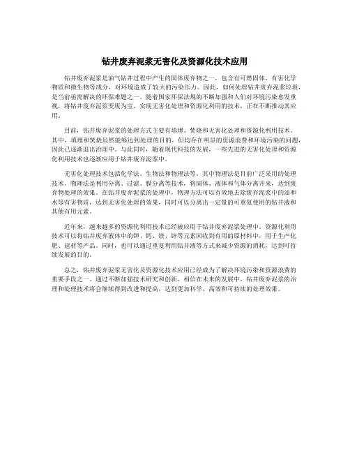 钻井废弃泥浆无害化及资源化技术应用