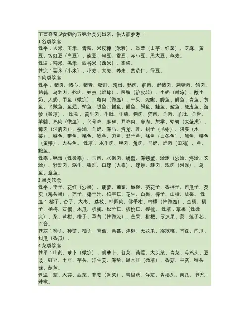 食物的五味属性分类(温热平凉寒).