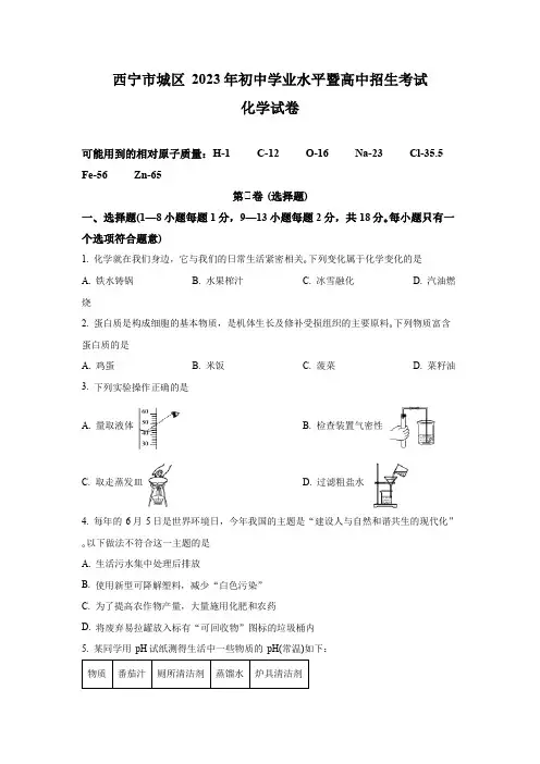 2023年青海省西宁市城区中考化学真题(解析版)