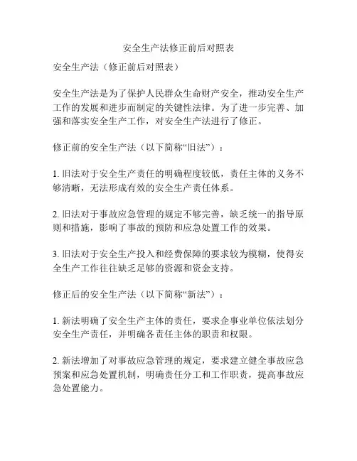 安全生产法修正前后对照表