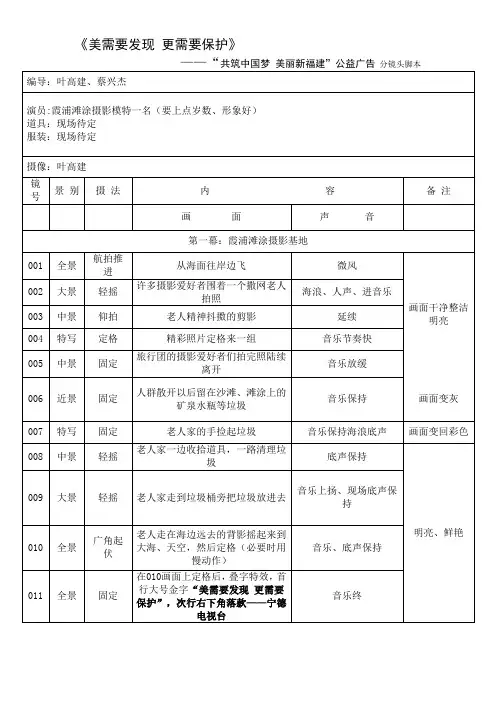 《美需要发现 更需要保护》——“共筑中国梦 美丽新福建”公益广告分镜头脚本