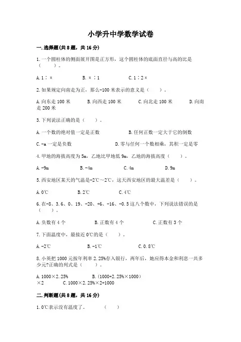 小学升中学数学试卷及答案(名校卷)