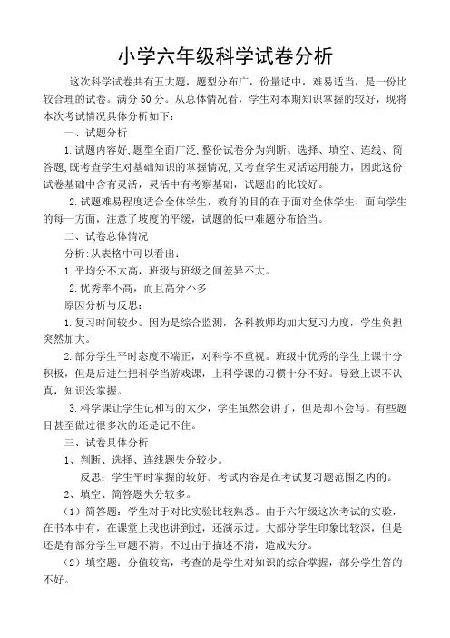 小学六年级科学试卷分析与反思[1]