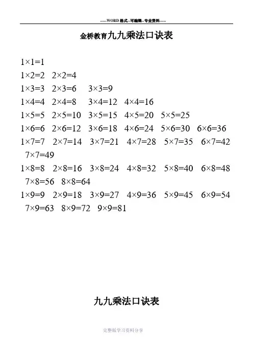 九九乘法口诀表(全word打印版)