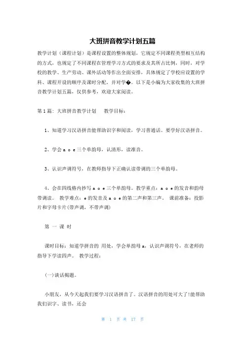 大班拼音教学计划五篇
