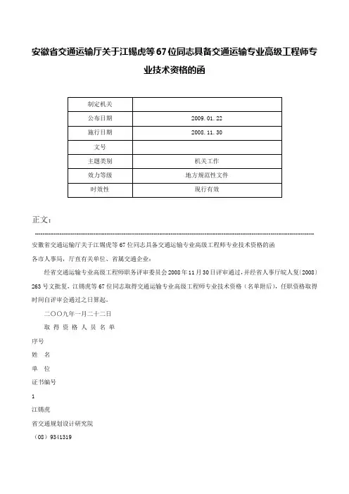 安徽省交通运输厅关于江锡虎等67位同志具备交通运输专业高级工程师专业技术资格的函-