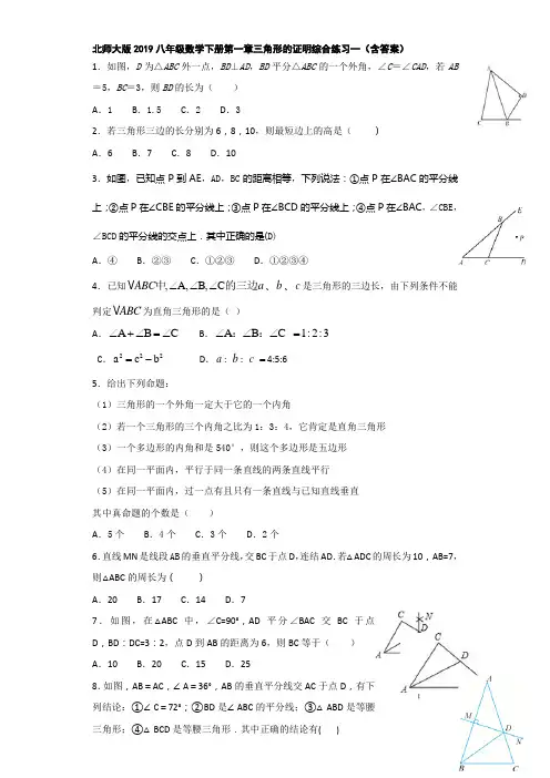 北师大版2019八年级数学下册第一章三角形的证明综合练习一(含答案)