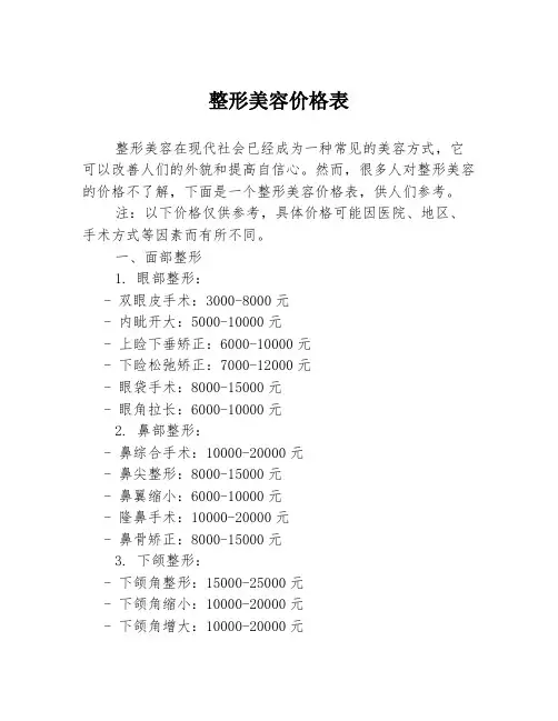 整形美容价格表