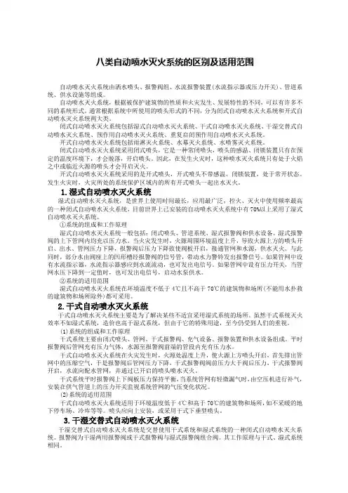 八类自动喷水灭火系统的区别及适用范围