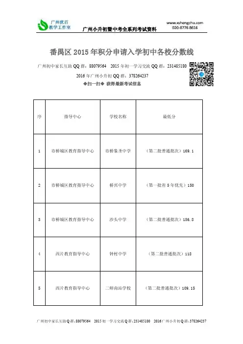 番禺区2015年积分申请入学初中各校分数线