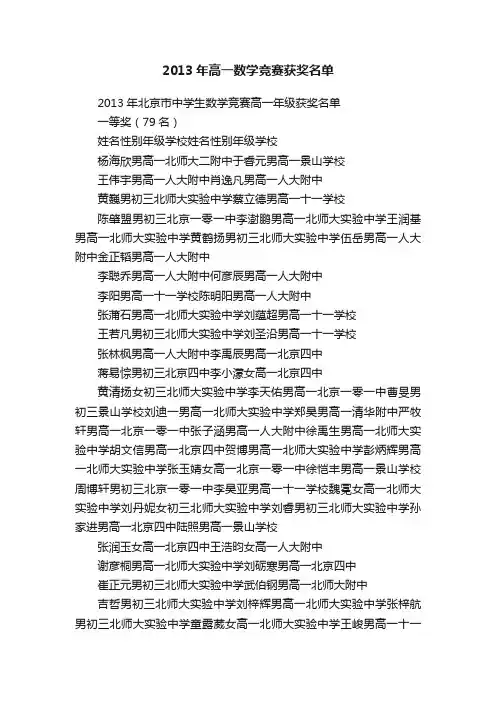 2013年高一数学竞赛获奖名单