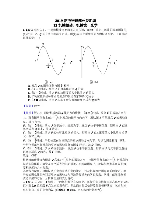 2019高考物理题分类汇编12机械振动、机械波、光学解析版