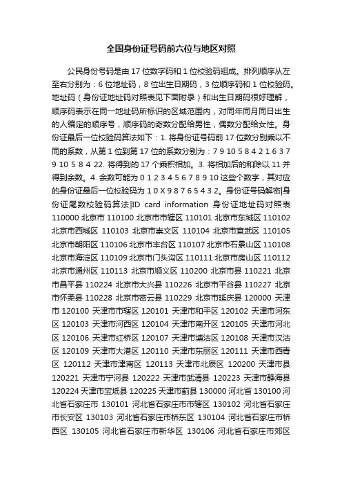 全国身份证号码前六位与地区对照