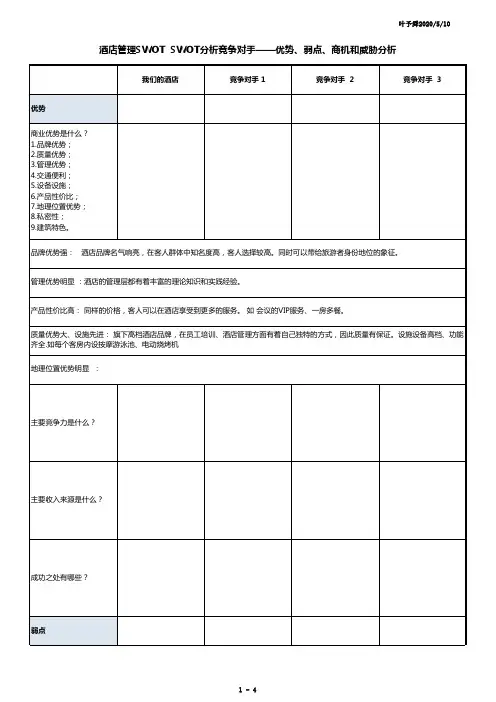 酒店管理SWOT  SWOT分析竞争对手——优势、弱点、商机和威胁分析2017(叶予舜)