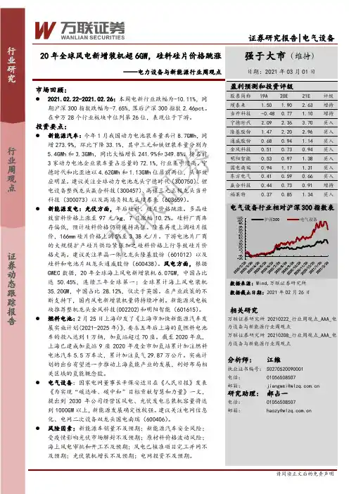 电力设备与新能源行业周观点：20年全球风电新增装机超6GW，硅料硅片价格跳涨