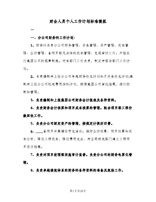财会人员个人工作计划标准模板（五篇）