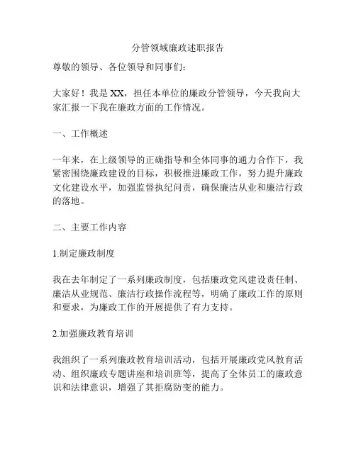 分管领域廉政述职报告