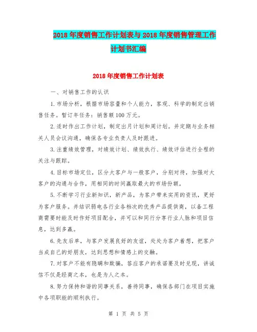 2018年度销售工作计划表与2018年度销售管理工作计划书汇编.doc
