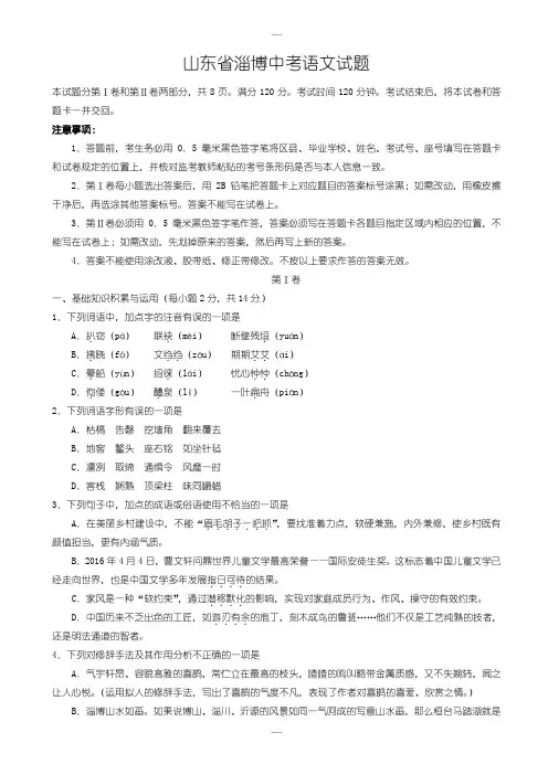 精编2019级山东省淄博市中考语文模拟试题