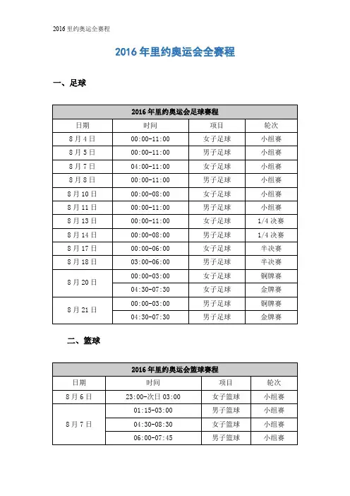 2016里约奥运全赛程