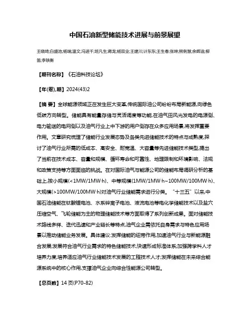 中国石油新型储能技术进展与前景展望