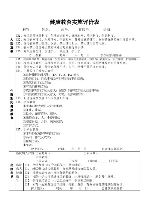 住院患者健康教育,实施评价表