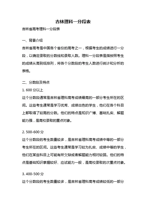 吉林理科一分段表